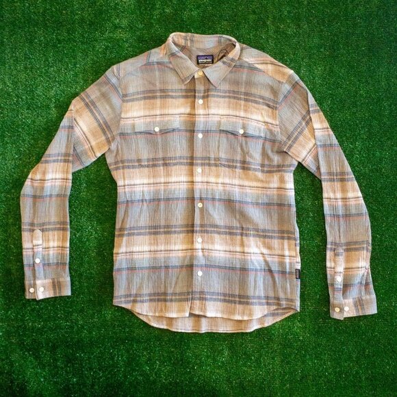 PATAGONIA ORGANIC COTTON WORN WEAR MENS CASUAL SHIRT LONG SLEEVE BLUE BROWN SZ S - Picture 5 of 5